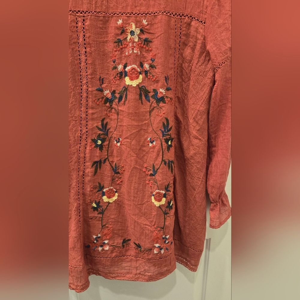 Umgee terracotta Embroidered Boho Style Ruched Mini Dress with Bishop Sleeves - Picture 4 of 6